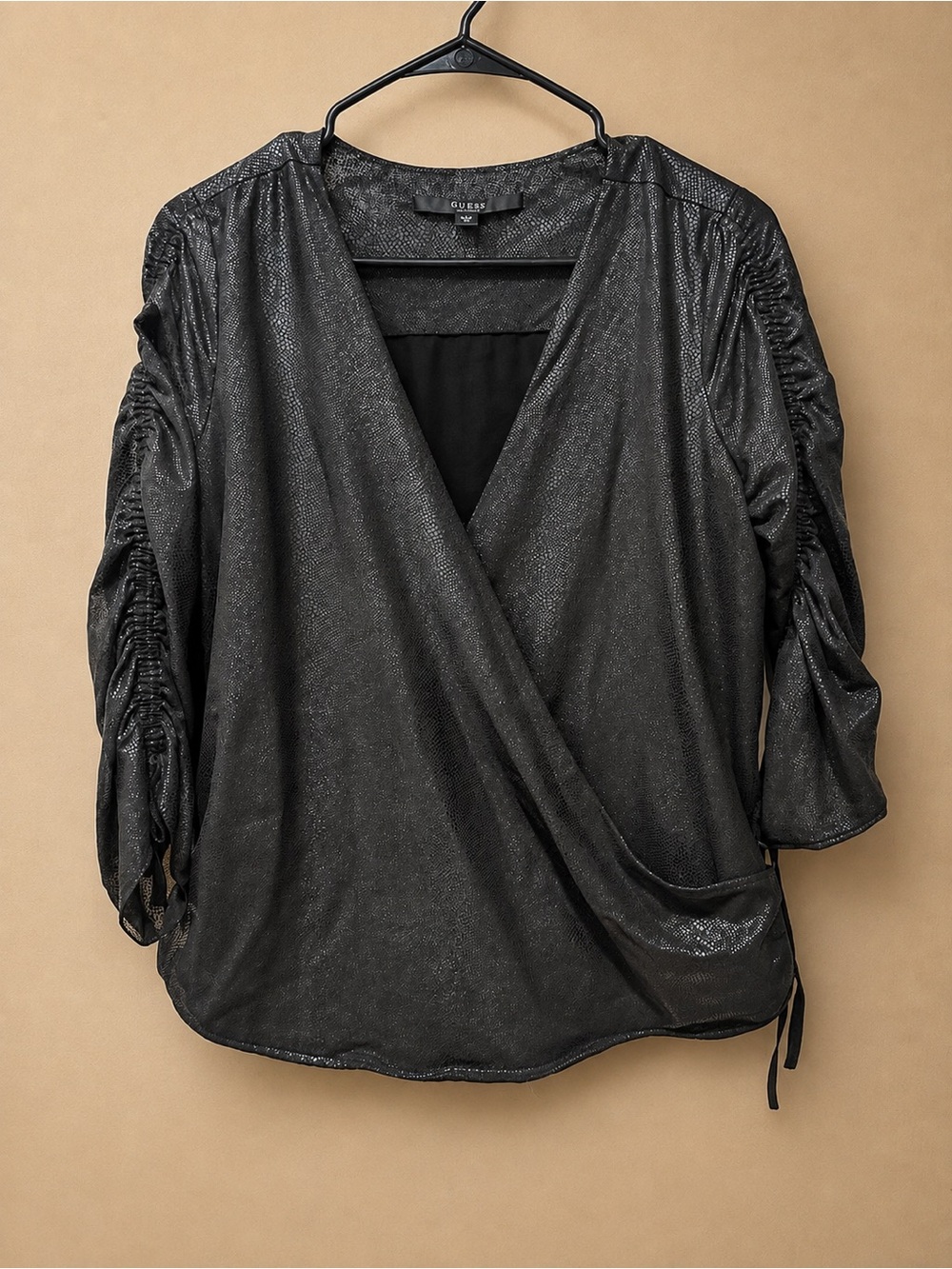 GUESS Black Metallic Wrap Blouse with Ruched Sleeves